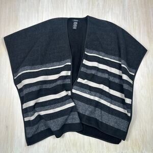 Ike Behar Black Gray Striped Fleece Poncho Shawl Wrap Open Front Cozy One Size